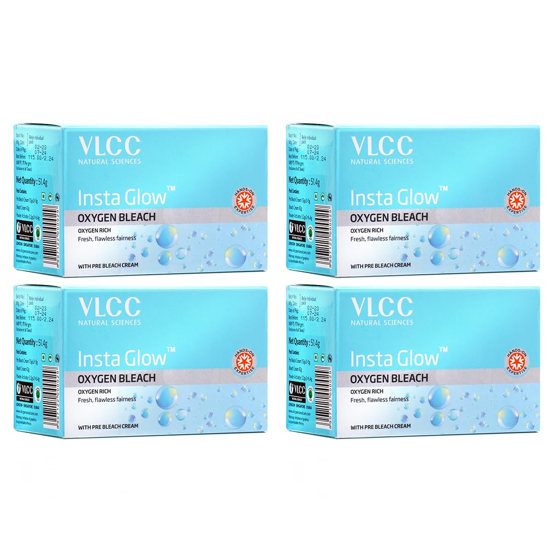 VLCC Insta Glow Oxygen Bleach: Radiant Skin, Brightening, Even Tone, 51.4g (Pack of 4)