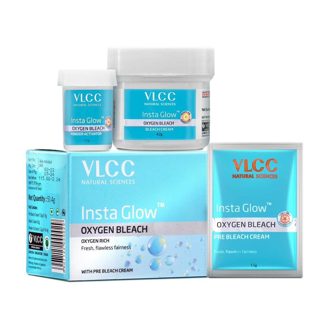 VLCC Insta Glow Oxygen Bleach: Radiant Skin, Brightening, Even Tone, 51.4g (Pack of 4)