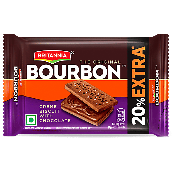 Britannia Bourbon Chocolate Cream Biscuits: Rich Cocoa Flavour, Crunchy Texture, 50g Pouch