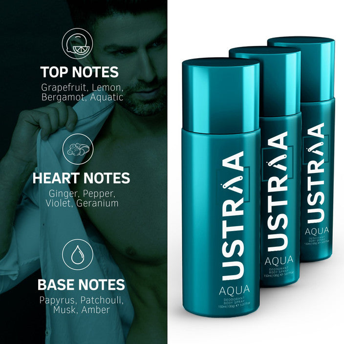 Ustraa Aqua Refreshing Aquatic Deodorant Spray for Men, Long-Lasting Odour Control