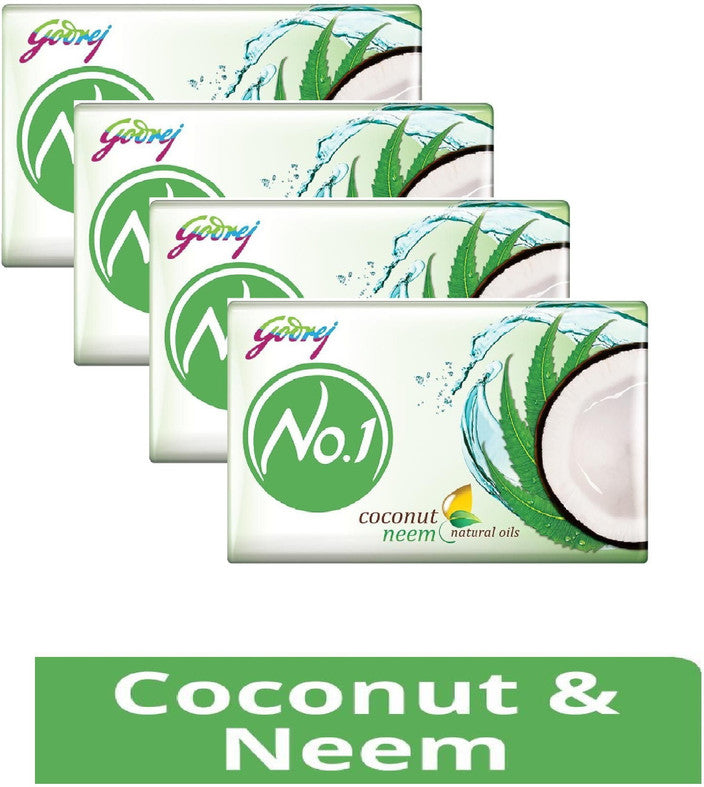 Godrej No.1 Coconut & Neem Soap Bars: Natural Radiance, 4x100g Pack