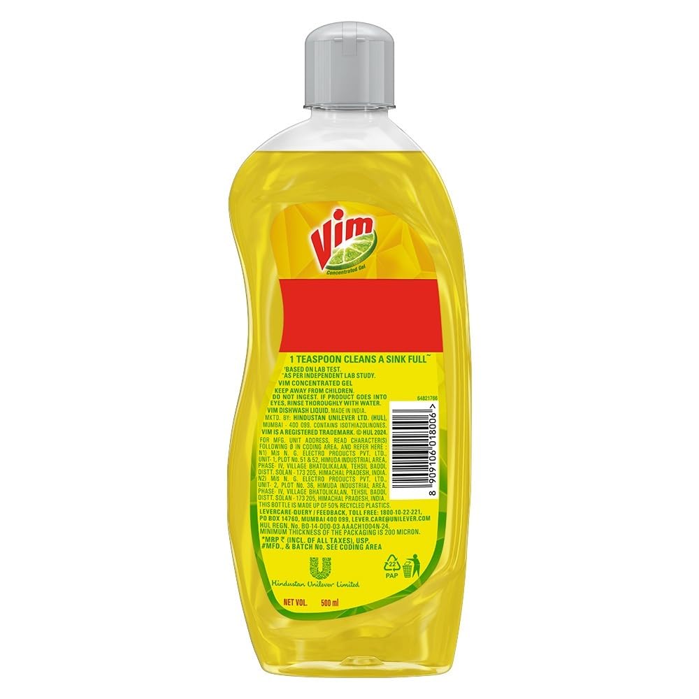 Vim Lemon Dishwash Gel 500ml – Residue‑Free, Powerful Grease Cleaner