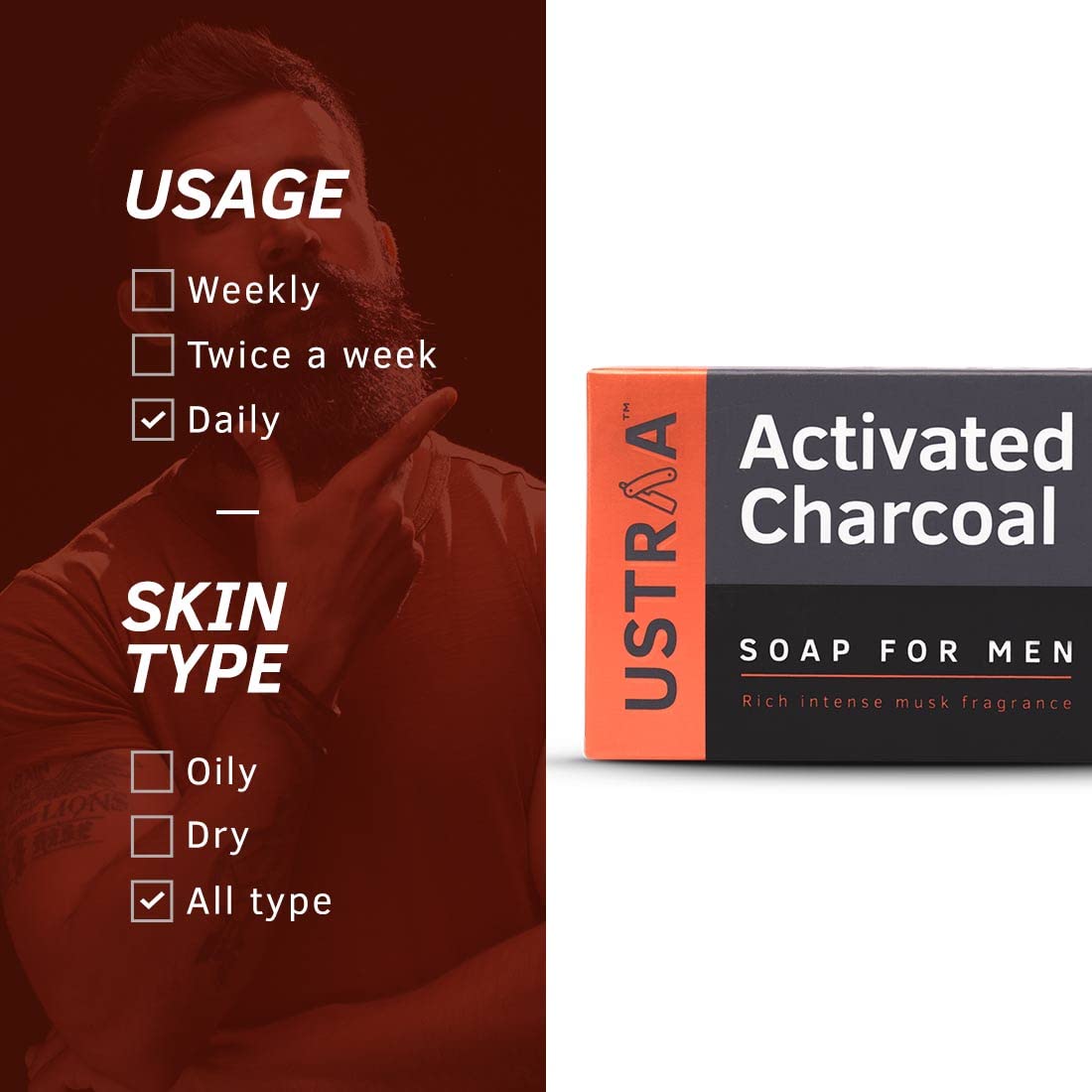 Ustraa Activated Charcoal Men's Deo Soap 8 Pack Rich Musk