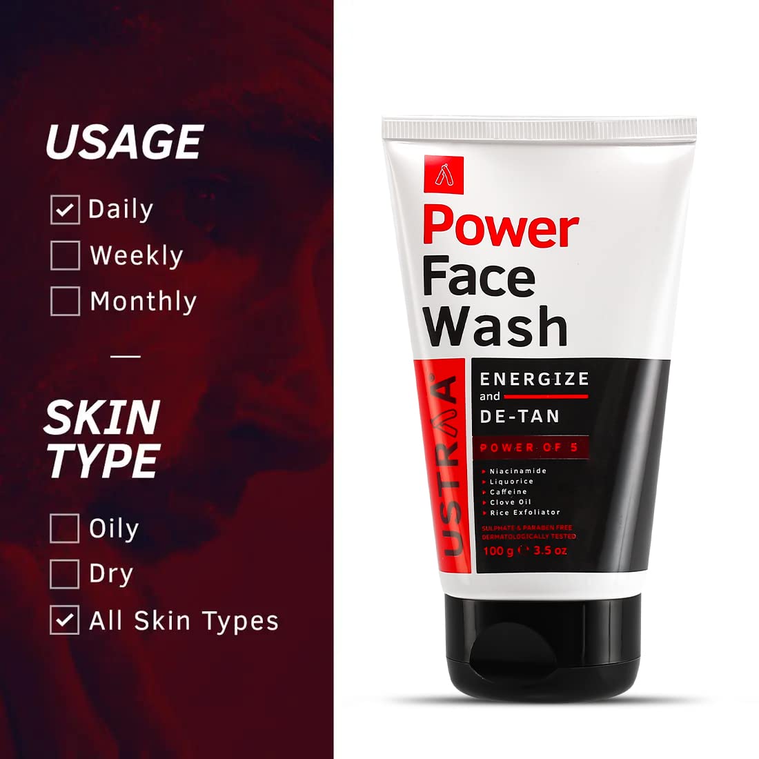 Ustraa Power Face Wash 100g Set of 2 Energise De‑Tan Cleanser