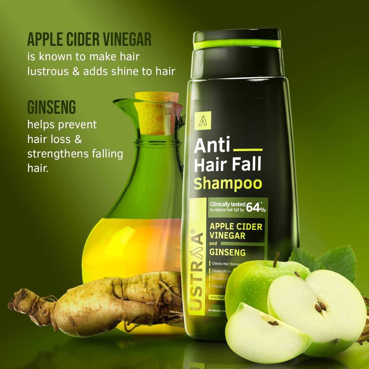 Ustraa Anti Hair Fall Shampoo 250ml – Apple Cider Vinegar, Sulphate‑Free
