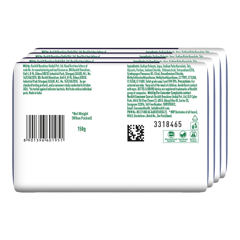 Dettol Cologne Fresh Bathing Soap 150g Pack of 4 – 12hr Freshness, Masculine Scent