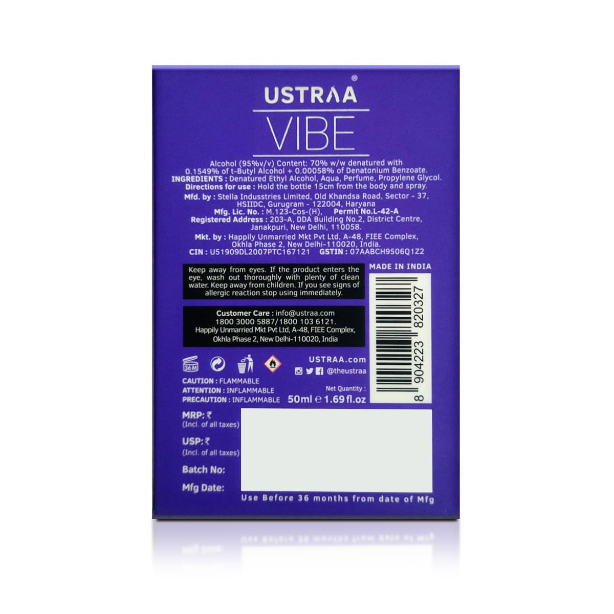 Ustraa Vibe Men’s Eau de Toilette 50ml Fresh Long-Lasting Fragrance