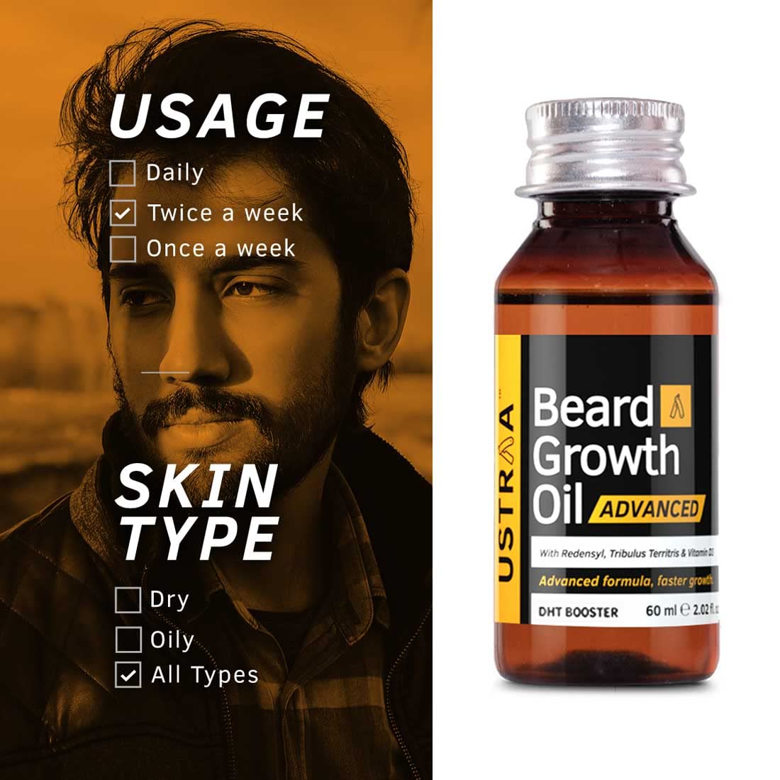 Ustraa Advanced Beard Growth Oil 60ml Redensyl DHT Booster