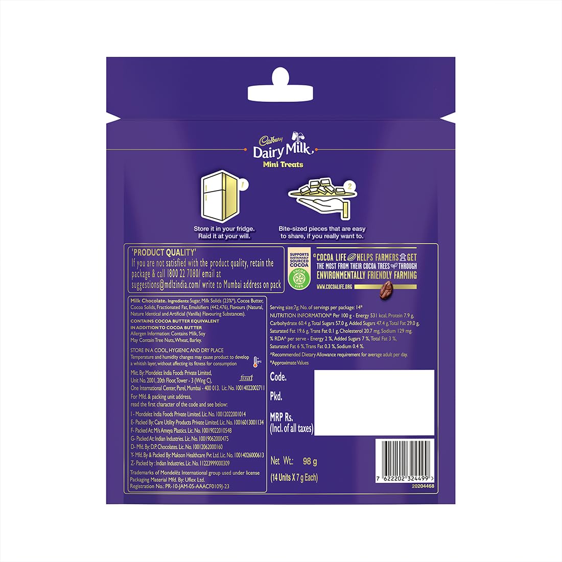 Cadbury Dairy Milk Mini Treats 98g Creamy Milk Chocolate Bar