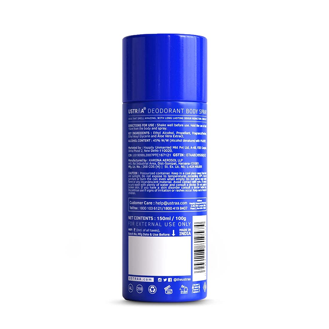 Ustraa Blue Men’s Deodorant Spray 150ml Fresh Aquatic Fragrance