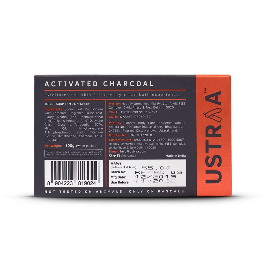 Ustraa Activated Charcoal Men's Deo Soap 8 Pack Rich Musk