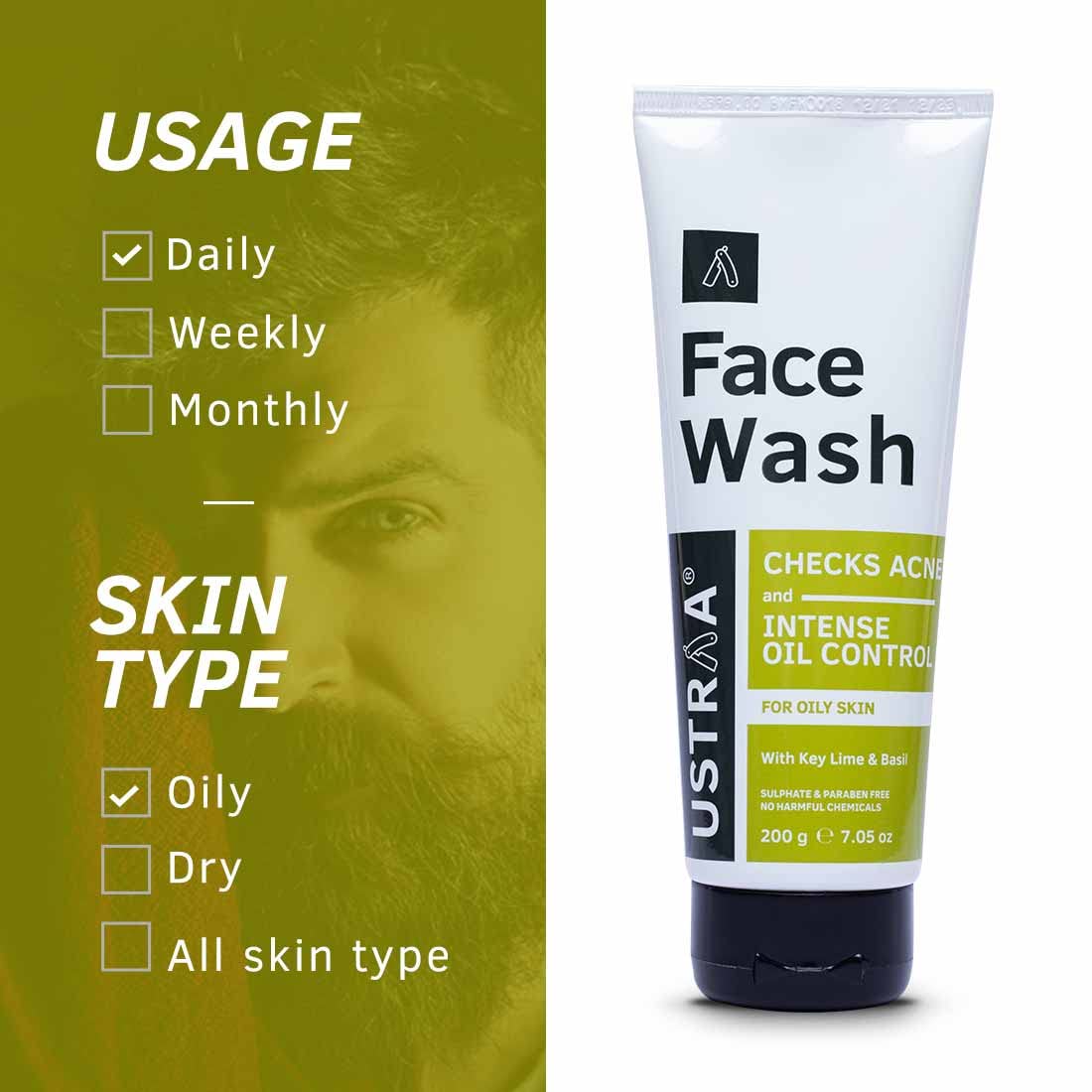 Ustraa Oily Skin Face Wash 200g with Key Lime & Basil