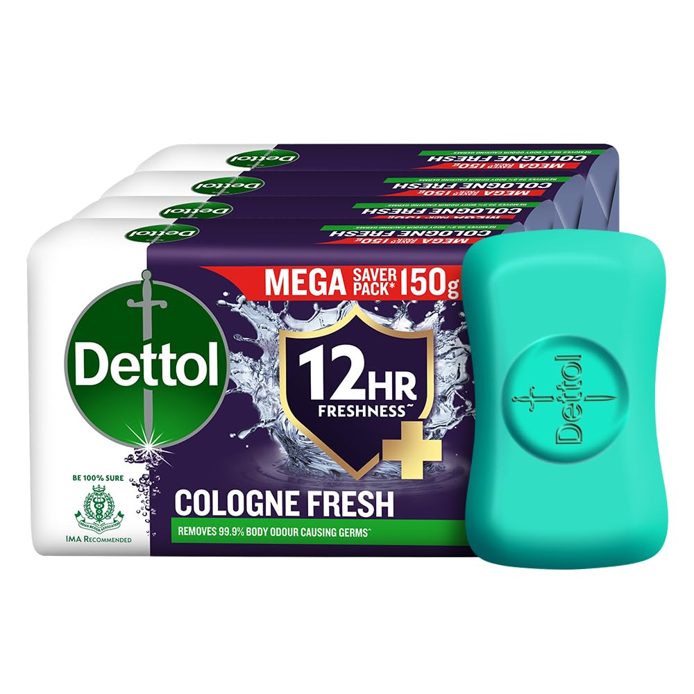 Dettol Cologne Fresh Bathing Soap 150g Pack of 4 – 12hr Freshness, Masculine Scent