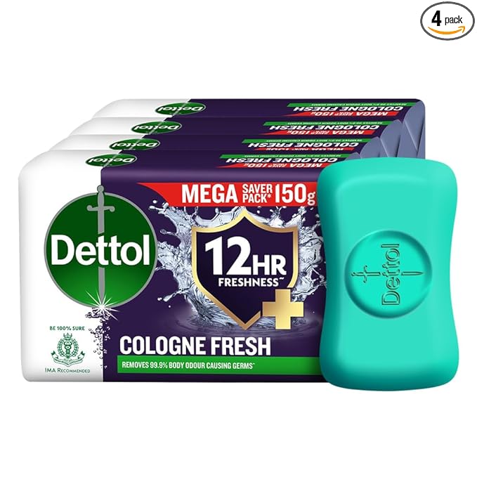 Dettol Cologne Fresh Bathing Soap 150g Pack of 4 – 12hr Freshness, Masculine Scent