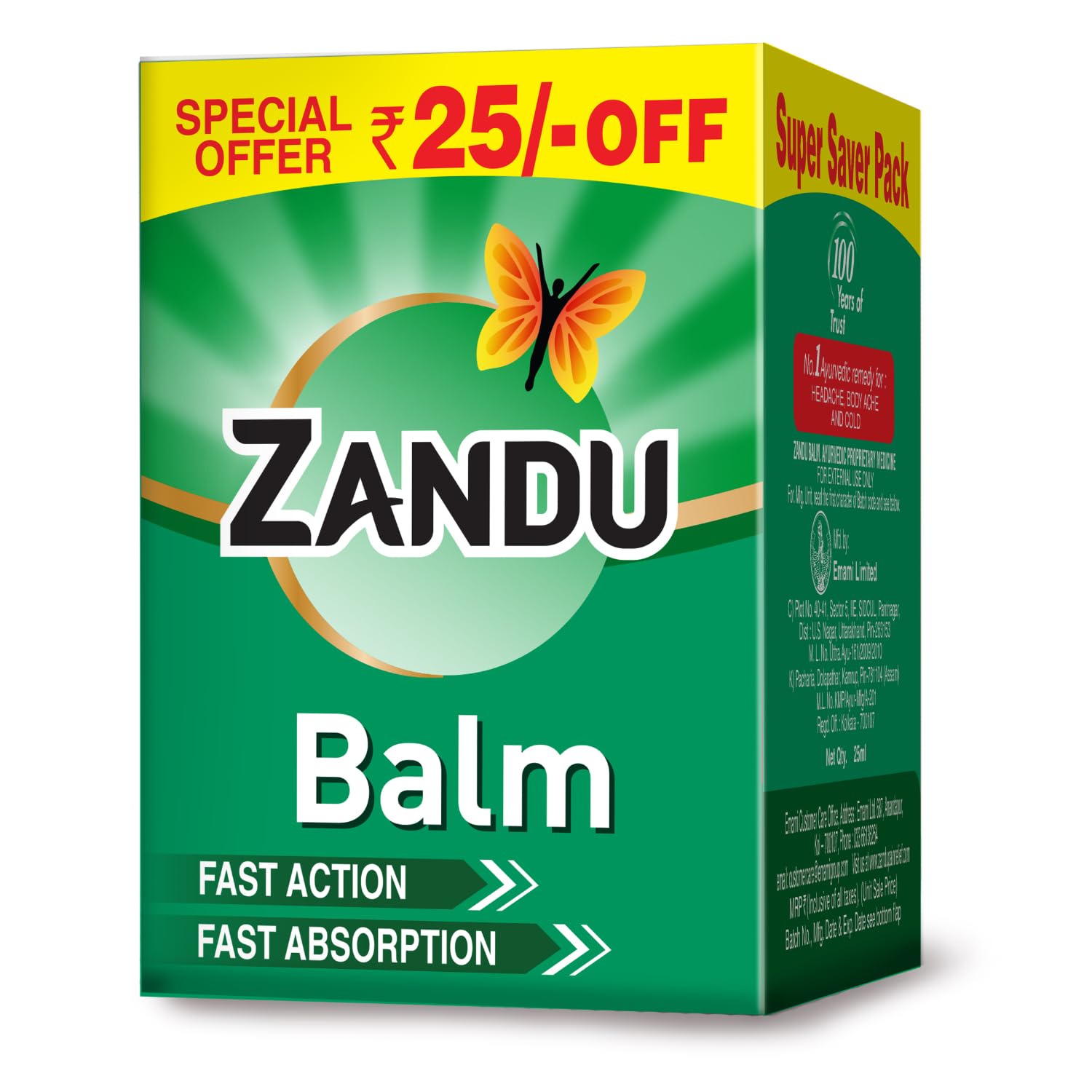Zandu Ayurvedic Pain Relief Balm 25ml Fast Headache Relief