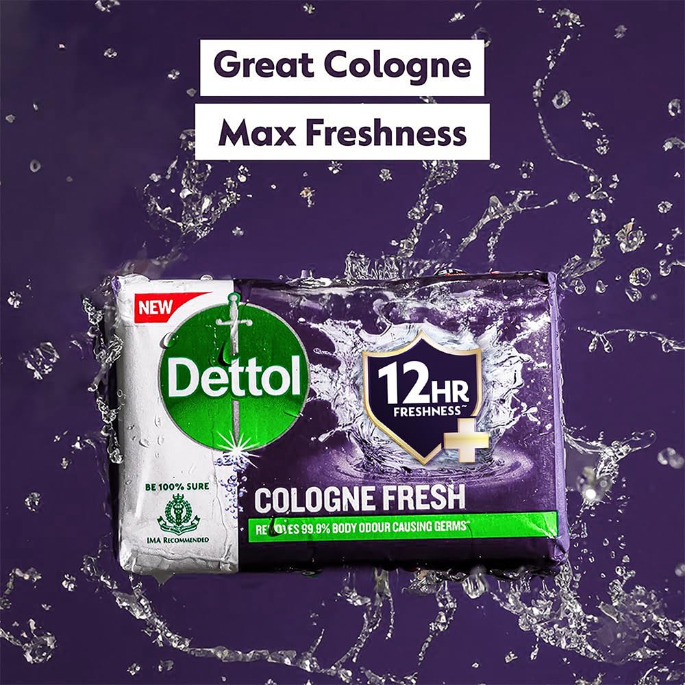 Dettol Cologne Fresh Bathing Soap 150g Pack of 4 – 12hr Freshness, Masculine Scent