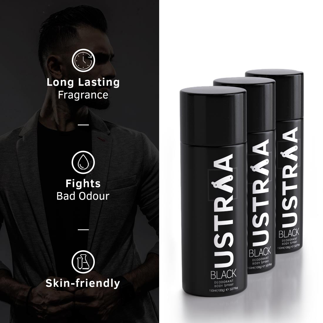 Ustraa Black Deodorant Body Spray for Men - 3x150ml Long-Lasting Freshness