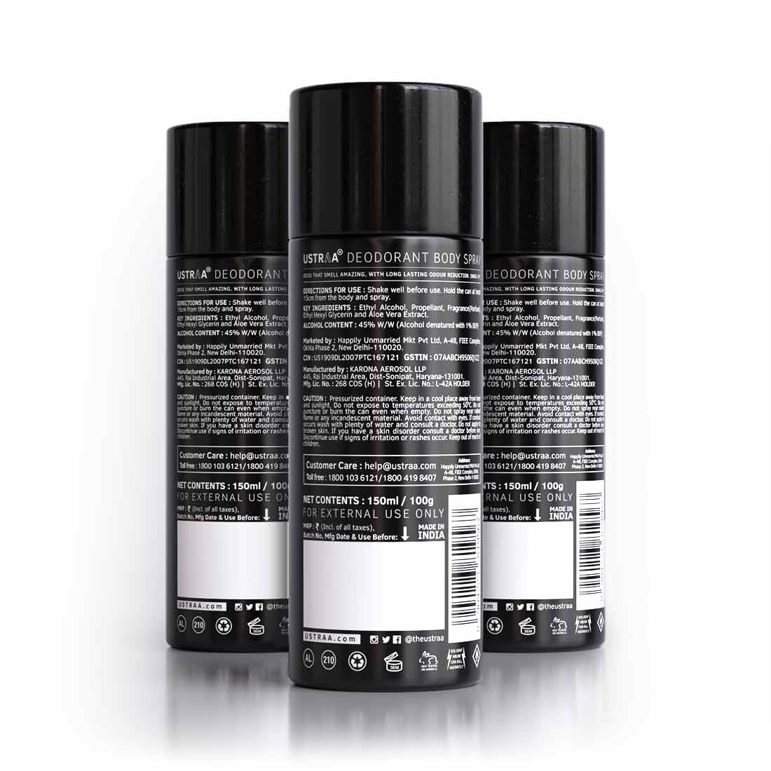 Ustraa Black Deodorant Body Spray for Men - 3x150ml Long-Lasting Freshness