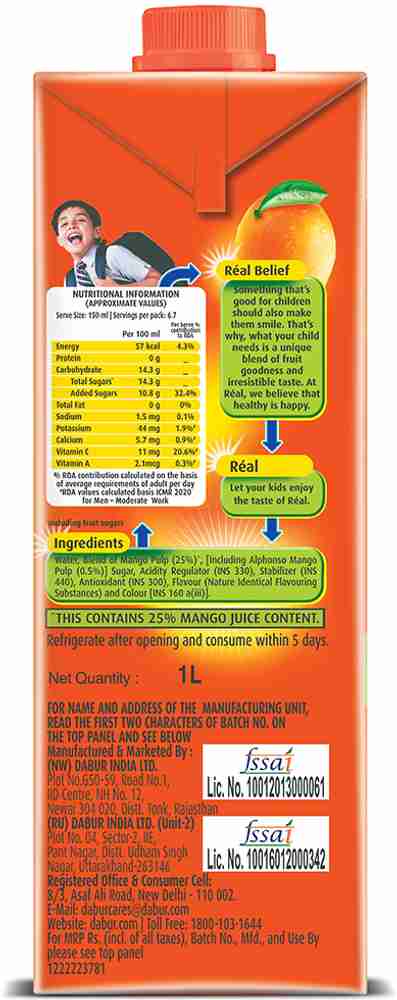 Real Fruit Power Mango Juice Drink 1 Litre Tetra Pack, Rich in Vitamin C