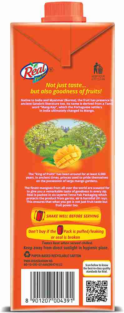 Real Fruit Power Mango Juice Drink 1 Litre Tetra Pack, Rich in Vitamin C